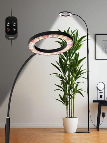 GLOWRIUM Grow Lights for Indoor Plants, 24W Full Spectrum LED Grow Light, Stepless Dimming,3 Lighting Mode and Adjustable Height, Plant Light with 3/9/12/16H Timer (Black, 24W)