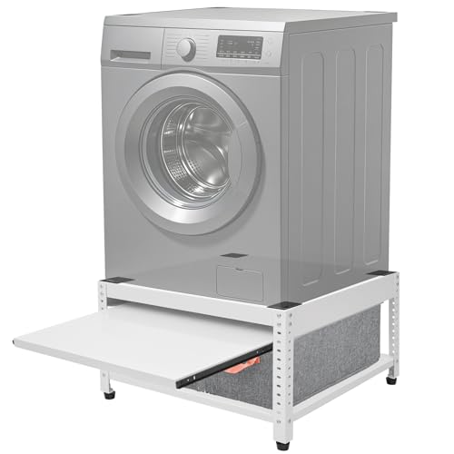 Washer and Dryer Pedestals 28 L x 28 W Heavy Duty Metal Washer and Dryer Stand Universal Platform Washer Dryer Pedestal with Basket Shelf Portable Storage Bag 4 Silicone Pads Fit 800lbs White