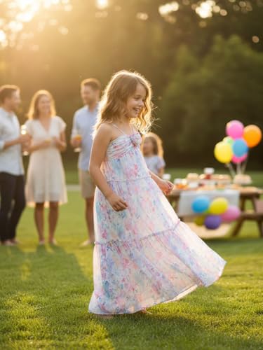 WELAKEN Kid Girls' Floral Dress Flowy Summer Chiffon Spaghetti Straps Ruffle Sundress3