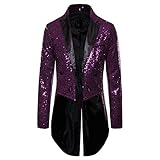 Mens Sequin Tuxedo Tailcoat Swallowtail Suit Jacket Dinner Party Wedding Blazer Slim Fit Show Tux Dress Coat (Purple, XXL)