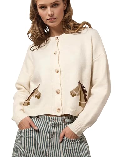 Women Horse Graphic Printed Button Down Crop Sweater Cardigan Long Sleeve Crew Neck Knit Casual Cropped Cardigans