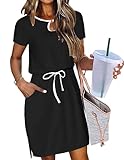 HOTOUCH Women Summer Casual Midi Dresses Short Sleeve V Neck Drawstring Knee Length T Shirt Dress with Split and Pocket Black S