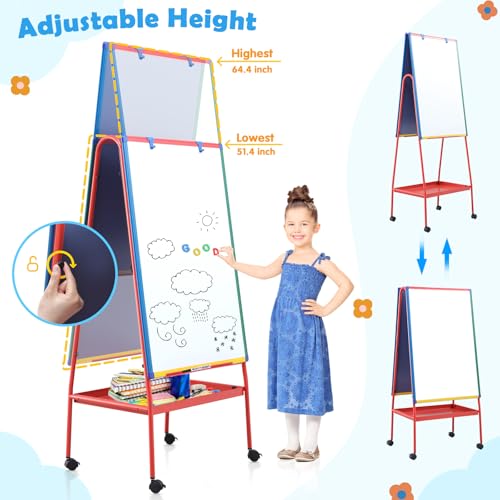 Mobile Dry Erase Board with Stand - 64.4" H Double Sided Portable Rolling Whiteboard Kids Easel for Classroom,Height Adjustable Magnetic White Board on Wheels for Home,School,36x24 inches