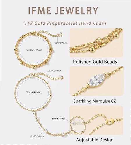 4PCS 14K Gold Plated Hand Chain Bracelet for Women, Dainty Stackable Ring Bracelet Set with Cubic Zirconia, Adjustable Hand Jewelry for Beach, Summer Vacation, Elegant Gift for Women — view 5