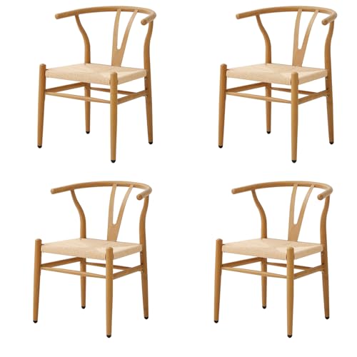 DEYARNA HOME Juego de 4 Sillas de Comedor de Ratán, Sillas de Cocina con Cómodo Asiento Tejido (Cuerda de Papel), Sillones con Estructura Metálica (Color Madera Natural)