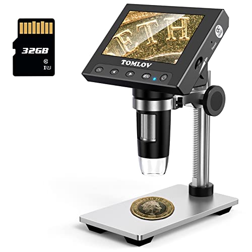 TOMLOV Coin Microscope 1000X 4.3 LCD Digital Microscope with Metal Stand, 8 LEDs, Photo/Video Capture for Adult Kids Observing Coin/Plant/Rocks/PCB, Windows Compatible, SD Card Included, Model- DM4