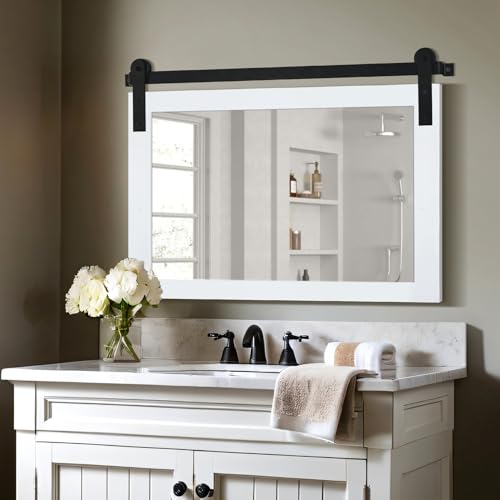 Image of COGOOD Farmhouse Barn Door Mirror - 41 inch x 26 inch Rustic Wood Framed Mirror for Bathroom, Living Room, Entryway Wall Decor (Pure White)