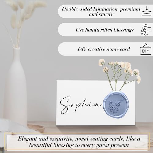 Marspark 100 Pack Wedding Place Cards with Wax Seal and Dried Flowers Table Setting Place Name Card for Wedding Name Card Holiday Birthday Dinner Parties Decorations (Dusty Blue White) by Marspark - Image 5