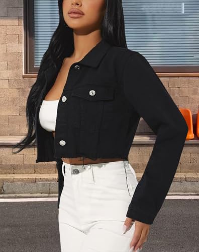 Women's Button Down Jacket Long Sleeve Cropped Top Denim Jeans Coat3