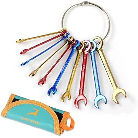 GOLD DEER 10 Pcs Color Plated Small Wrench Set Standard Metric 4-11mm Extra Slim Spanners Mini Wrench Set Combination Wrench Set Open End and Box End Ignition Wrenches with Roll Pouch and Big Ring Cover
