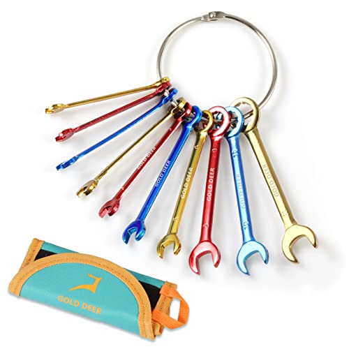 GOLD DEER 10 Pcs Color Plated Small Wrench Set Standard Metric 4-11mm Extra Slim Spanners Mini Wrench Set Combination Wrench Set Open End and Box End Ignition Wrenches with Roll Pouch and Big Ring