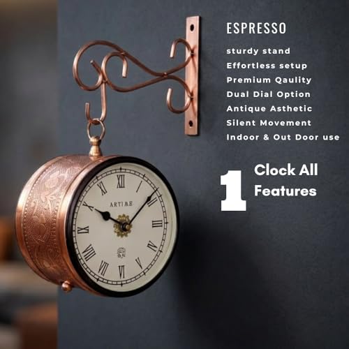 Image of Handcrafted Double Side Metal Analog Vintage Wall Clock | 1.5 Year Machine Warranty | 6 INCHES | 1 Side Number 1 Side Roman,Color Copper