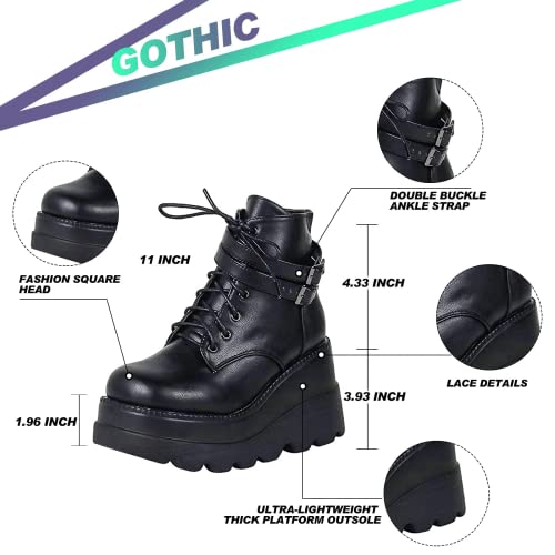 Women's High Heel Combat Boots Square Toe Lace up Zip High Heel Wedge Boots Chunky Platform Ankle Boots for Women2