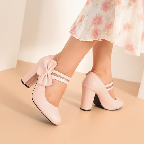Womens Bow Heels Mary Jane Shoes Round Toe Chunky High Heel Side Bow Dress Pumps3