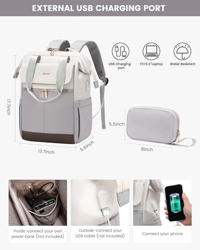 Image of LOVEVOOK Laptop Backpack for Women, 15.6 Inch Work Laptop Bag with USB Port, Fashion Teacher Nurse Backpack Purse, Waterproof Travel Computer Backpack with Organizer Bag, 2PCS, Beige-Light Grey