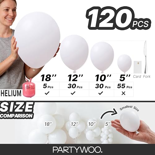 Image of PartyWoo White Balloons 120pcs Matte White Latex Balloons Different Sizes | 18 12 10 5 Inch for Wedding Bridal Graduation Baby Shower Birthday Bridal Shower Gender Reveal Party Decorations White-Y13