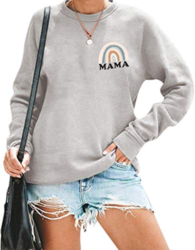 Mama Top Women Mama Sweatshirt Rainbow Graphic Shirt Long Sleeve Crew Neck Pullover Mom Blouse