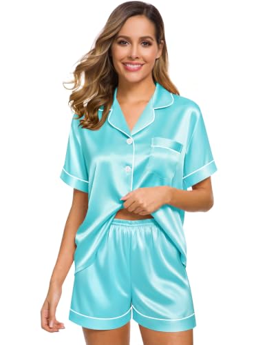 Image of SWOMOG Womens Silk Satin Pajamas Set Short Sleeve Sleepwear Button Down Top and Shorts Loungewear 2 Piece Pjs Set XS-3XL