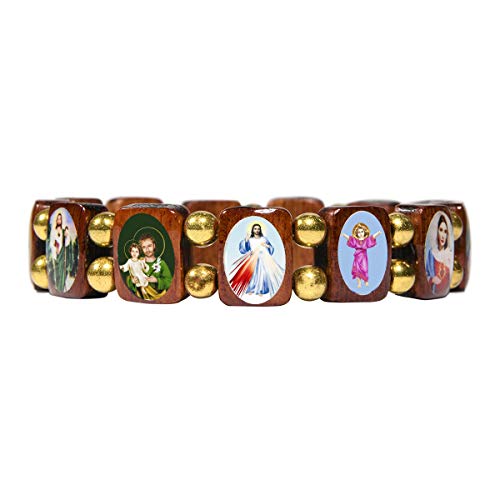 Catholica Shop Devotional Catholic Religious Wood Stretch Bracelets. Small and Large Panels with Assorted Images of Saints, Jesus and Mary. Unisex. Handcrafted in Brazil3
