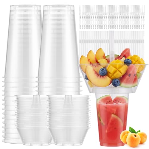 Casarak 30 Sets Snack and Drink Cup Disposable Plastic Cup with Snack Bowl on Top Includes 30 Cups 30 Bowls 30 Straws 60 Forks for Party Stadium Patron and Movie Night