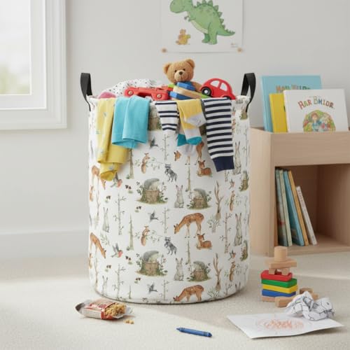 Image of Baby Laundry Hamper Basket Baby Hamper for Nursery Boy and Girl Cute Storage Bin Organizer Boho Room Decor(Tree Animals)