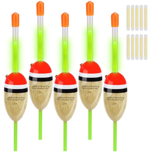 QualyQualy 5Pcs Lighted Fishing Bobbers EVA Foam Fishing Floats and Bobbers + 10Pcs Fishing Glow Sticks Night Fishing Light Up Bobbers (Wood 2 - 5Pcs)