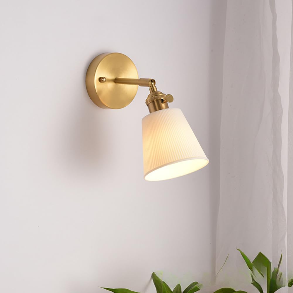 Applique da Parete Moderna in Ottone, Lampada da Parete in Ceramica Bianca con Interruttore Rotante, Applique da Comodino Regolabile, Lampada da Parete Vintage per Arredamento casa, per Camera da
