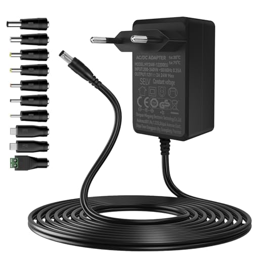 Gonew21 12V Netzteil 2A - Universal Netzteil 12v, 2 Meter langes Kabel AC Adapter Eingang 200-240V 50-60HZ,AusgangNetzteil 12V 2A 24W, 10 Steckernetzteil DC, AC/DC Adapter, LED-Licht, Mehr 12V-Geräte
