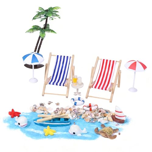 Kit de Paysage de Plage Miniature 20 Pièces, Décoration Sable Miniature avec Chaise Longue, Petit Palmier et Parasol, Set DIY pour Cadeau Fait Main,...