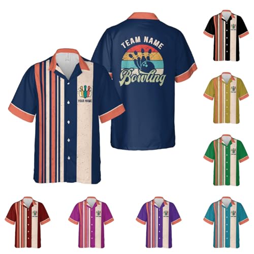 Personalized Bowling Hawaiian Shirt 3D Custom Funny Retro Vintage Button-Down Short Sleeve Men Women Bowling Team Lover Gifts (Polyester Blend, Bowling 8)