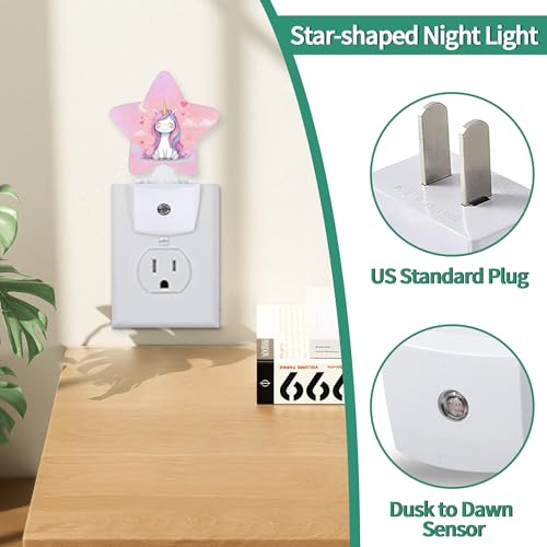 Image of Star Night Light Plug in, Pink Unicorn Dusk to Dawn Sensor Night Light, Soft Glow Lamp for Kids Bedroom Nursery Hallway Bathroom, Energy Saving Compact Design