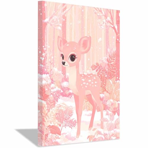 Cerf rose tableau sur toile déco salon contemporain paysage hivernal