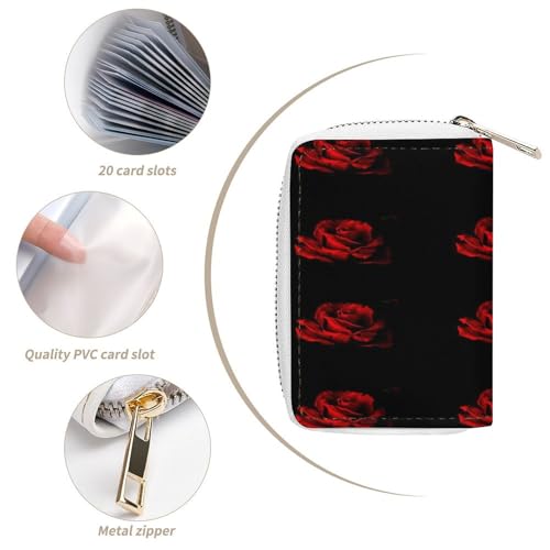 Women Leather Coin wallet, Key Change Organizer Zipper Card Holder Purse Clutch Pouch Pocket 4.5x3.15 in Print Red Rose Petal on Black Background4