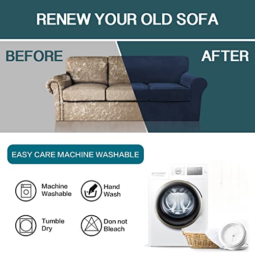 3 Piece Sofa Covers Velvet Couch Covers For 2 Cushion Couch Stretch Loveseat Slipcover With Individual Seat Cushion Covers Elastic Furniture Protector For Pets, Machine Washable (Loveseat, Navy) #TOP5