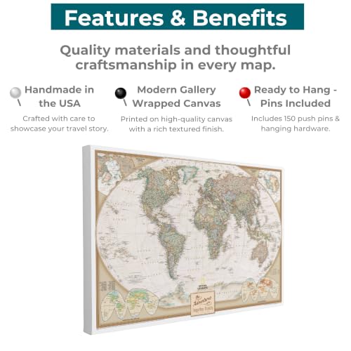 Image of Executive World Map with Pins - Detailed National Geographic Canvas Travel Map - Large Modern Frameless Wall Art - Gallery Wrap - 30 inch x 45 inch