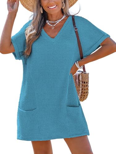 CUPSHE Swimsuit Coverup for Women Waffle Knit V Neck Short Sleeve Beach Coverup Dress with Pockets Blue M