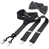 Der Hosenträger ist bis zu einer Körpergröße von 1,94 cm passend und die Fliege für einen Halsumfang von 50 cm geeignet