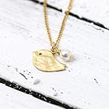  Zierliche Perlen-Kette gold mit Vogel, 925 Silber-Kettchen vergoldet, Vögelchen matt vergoldet, Muschelkern-Perle, handmade Geschenk für Sie