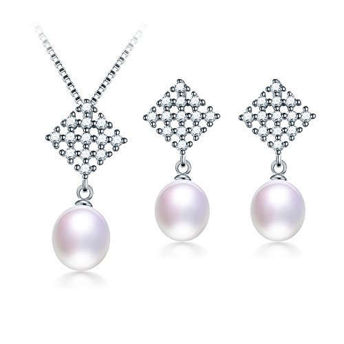 Freshwater Cultured Genuine Pearls Jewelry Set with Necklace & Earrings by DIAMOVI - 925 Sterling Silver - AAA Grade Zircon - Water Drop Design - Wedding Bridal Jewelry - Comes in White