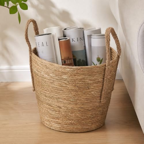 Eden & Willow Natural Straw Woven Storage Basket with Handles | Storage Organizer for Home Decor | Rustic Wicker Basket for Blankets Plants Toys Laundry (Large)