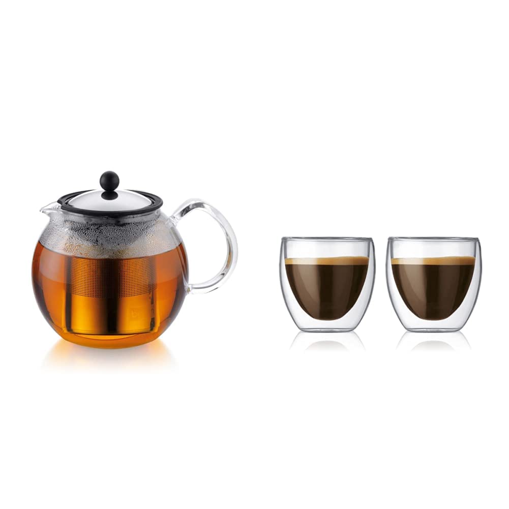 Bodum 1802-16 assam Teebereiter, (French Press System, PermanentEdelstahlfilter),1,5L,shiny & 4557-10 pavina 2-teiliges Gläser-Set (Doppelwandig, Isoliert, Mundgeblasen, 0,08 liters) transparent