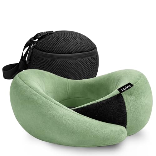 Lifelong Neck Pillow for Travelling | Memory Foam Neck Rest for Sleeping in Airplane & Car | Soft & Comfortable Neck Support | Adjustable Velcro Straps & Travel Pouch | Ideal for Office & Home (Green)