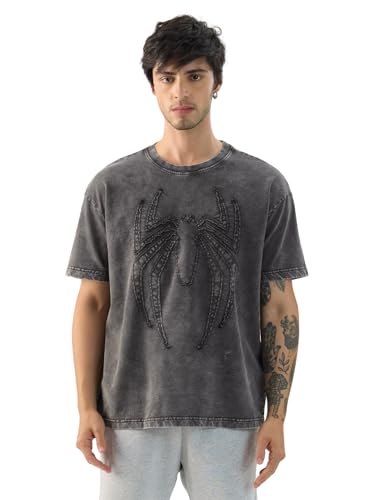 Image of The Souled Store Official Marvel: Spider x Venom Oversized T-Shirt for Men Boys Cotton Casual Half Sleeves Baggy Loose Fit Drop Shoulder Round Neck Black