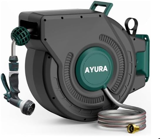 AYURA Retractable Garden Hose Reel 100 ft x 1/2 inch with Pro Metal Shaft, Heavy Duty Automatic Garden Hose Reels with Kink-Free Rewind and Lock at Any Length, Wall Mount Water Hose Reel for Outside