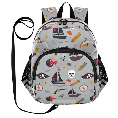 Pirate Element Skull Gray Toddler Harness Backpack for Boys Girls 3-6 Years Kids Backpack with Anti Lost Safety Leash Baby Harness Bookbag for Travel Walking Preschool