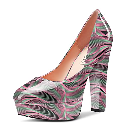 Aachcol Women Platform Chunky Block High Heel Pumps Round Toe Slip-on Dress Shoes Party Wedding Patent 5 Inch