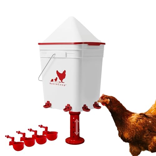 RentACoop 5 Gallon Chicken Waterer with 4 Auto-Fill Water Cups, 4 Horizontal Nipples, and Custom Adjustable Stand; BPA-Free; Large Capacity Poultry Waterer- Corner Placement