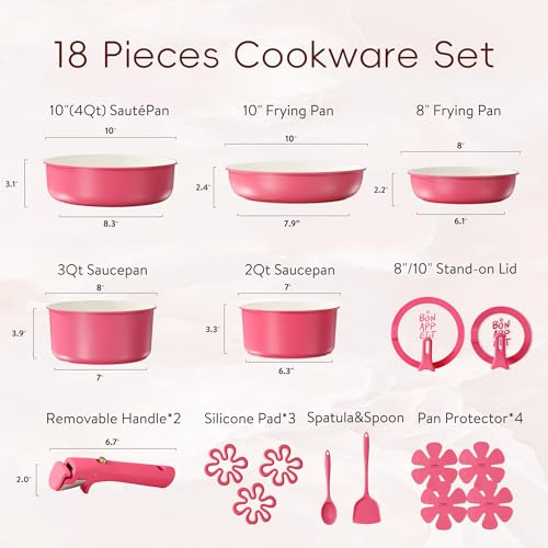 CAROTE 18Pcs Pots and Pans Set Non Stick, Nonstick Ceramic Cookware Set with Detachable Handle, Non Toxic Kitchen Cooking Sets, PFOA Free, Oven Safe, Stackable Induction Ready, Pink - Image 3