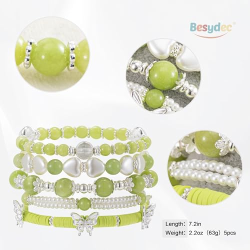 Besydec Stackable Boho Beaded Bracelets With Natural Stone & Pearl Heart & Clay Beads for Women,Adjustable Silver Jewelry4