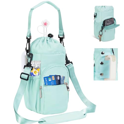 Water Bottle Carrier Bag with Phone Pocket for Stanley Cup 40 Oz Tumbler with Handle, Nylon Water Bottle Holder Pouch with Top Drawstring, Adjustable Shoulder&Handle Strap (Green)